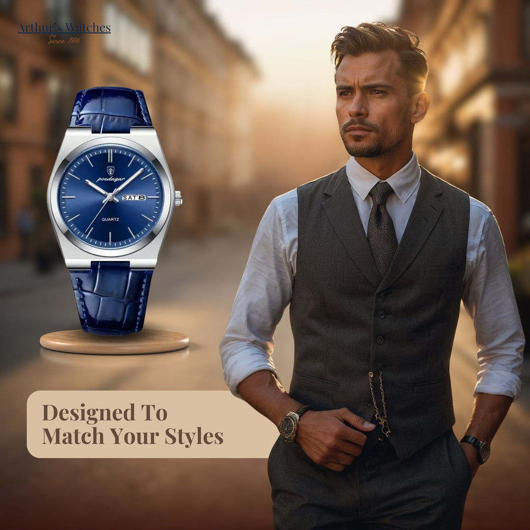 Renley's Elegant Blue Leather Quartz Watch